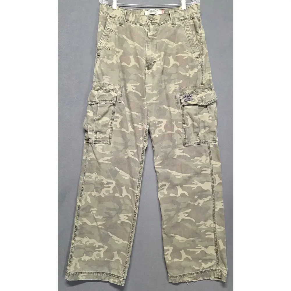 VTG Y2K Levi's Cargo Loose Straight Pants Men 32x34 Green Camo Workwear Cotton